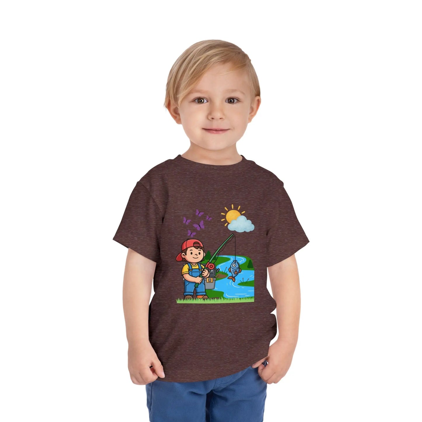 Cute kid fishing toddler tee with a fun outdoor graphic. Soft cotton, sizes 2T–5T. Perfect for little anglers, lake days & nature-loving kids. Heather Maroon