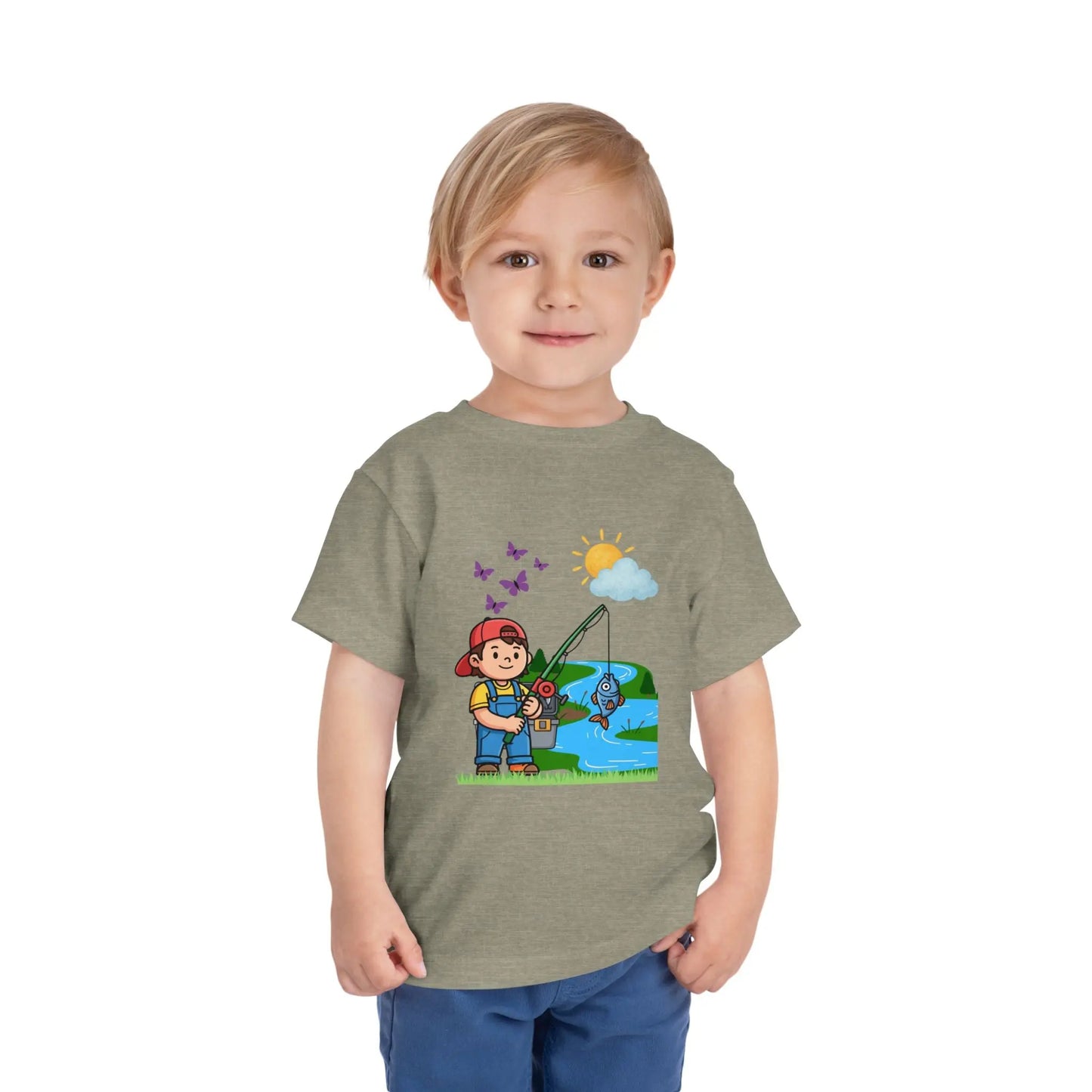 Cute kid fishing toddler tee with a fun outdoor graphic. Soft cotton, sizes 2T–5T. Perfect for little anglers, lake days & nature-loving kids. Heather Stone