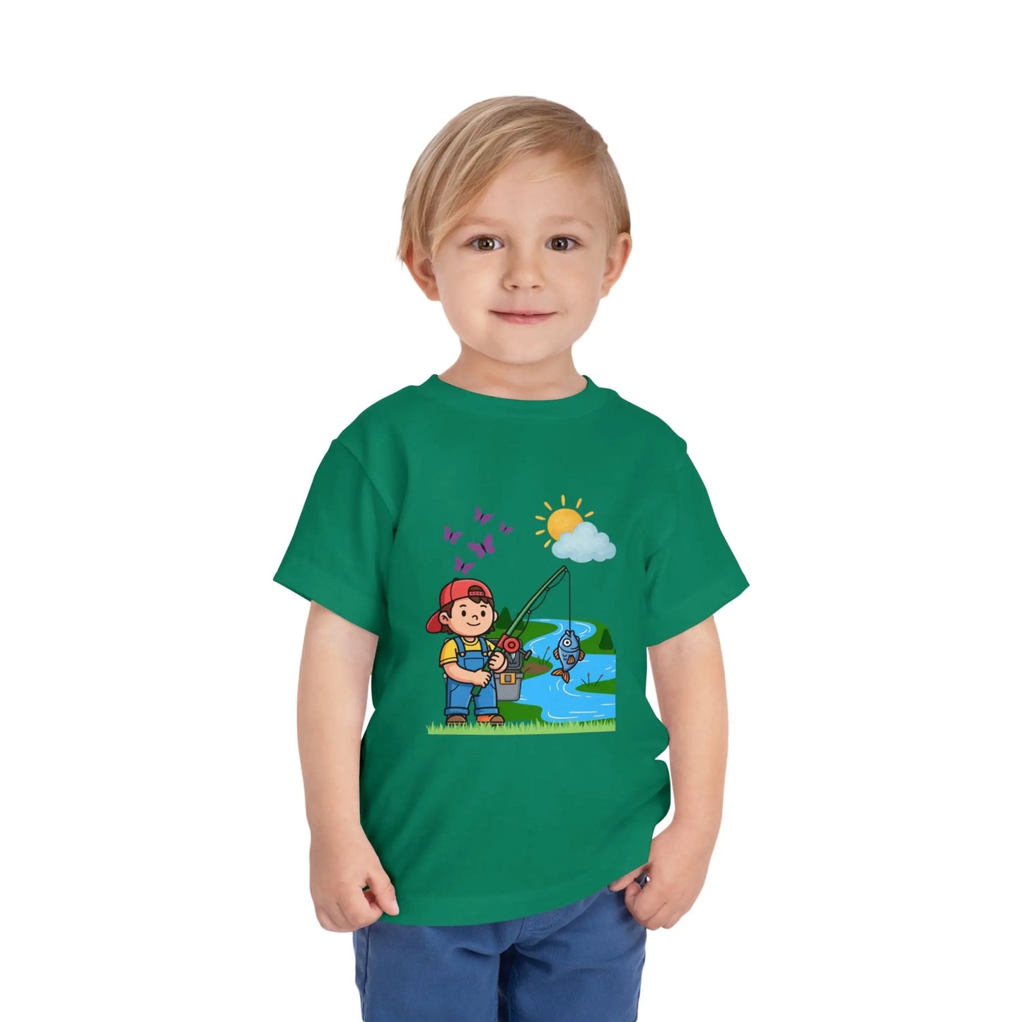 Cute kid fishing toddler tee with a fun outdoor graphic. Soft cotton, sizes 2T–5T. Perfect for little anglers, lake days & nature-loving kids. Kelly Green