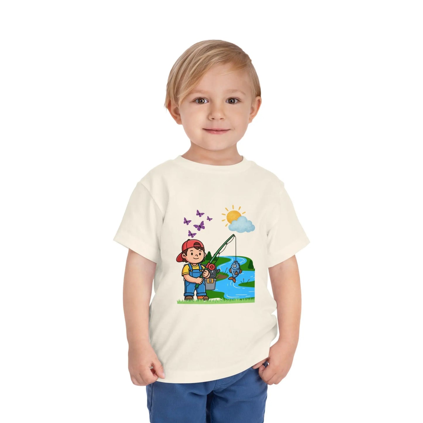 Cute kid fishing toddler tee with a fun outdoor graphic. Soft cotton, sizes 2T–5T. Perfect for little anglers, lake days & nature-loving kids. Natural
