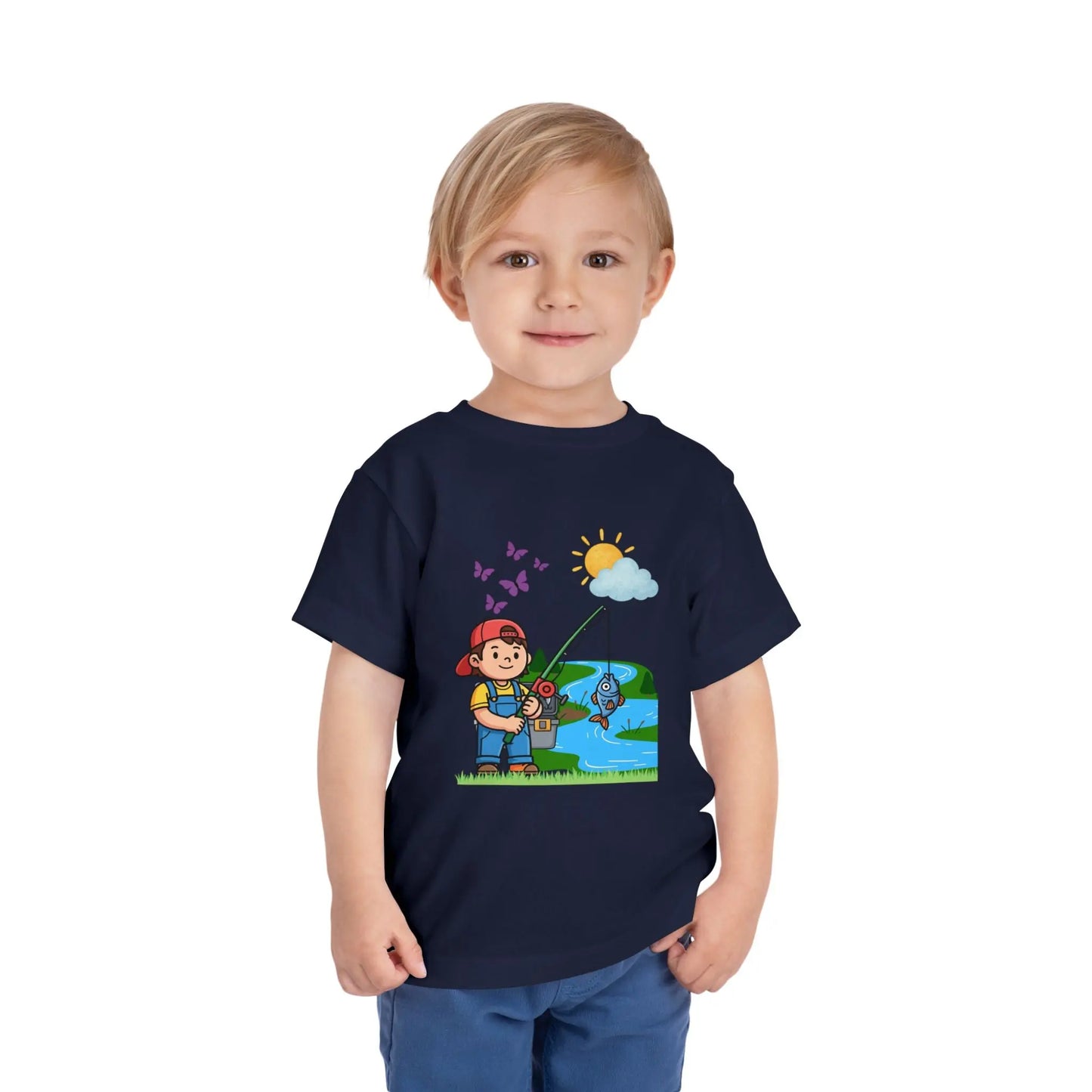 Cute kid fishing toddler tee with a fun outdoor graphic. Soft cotton, sizes 2T–5T. Perfect for little anglers, lake days & nature-loving kids. Navy