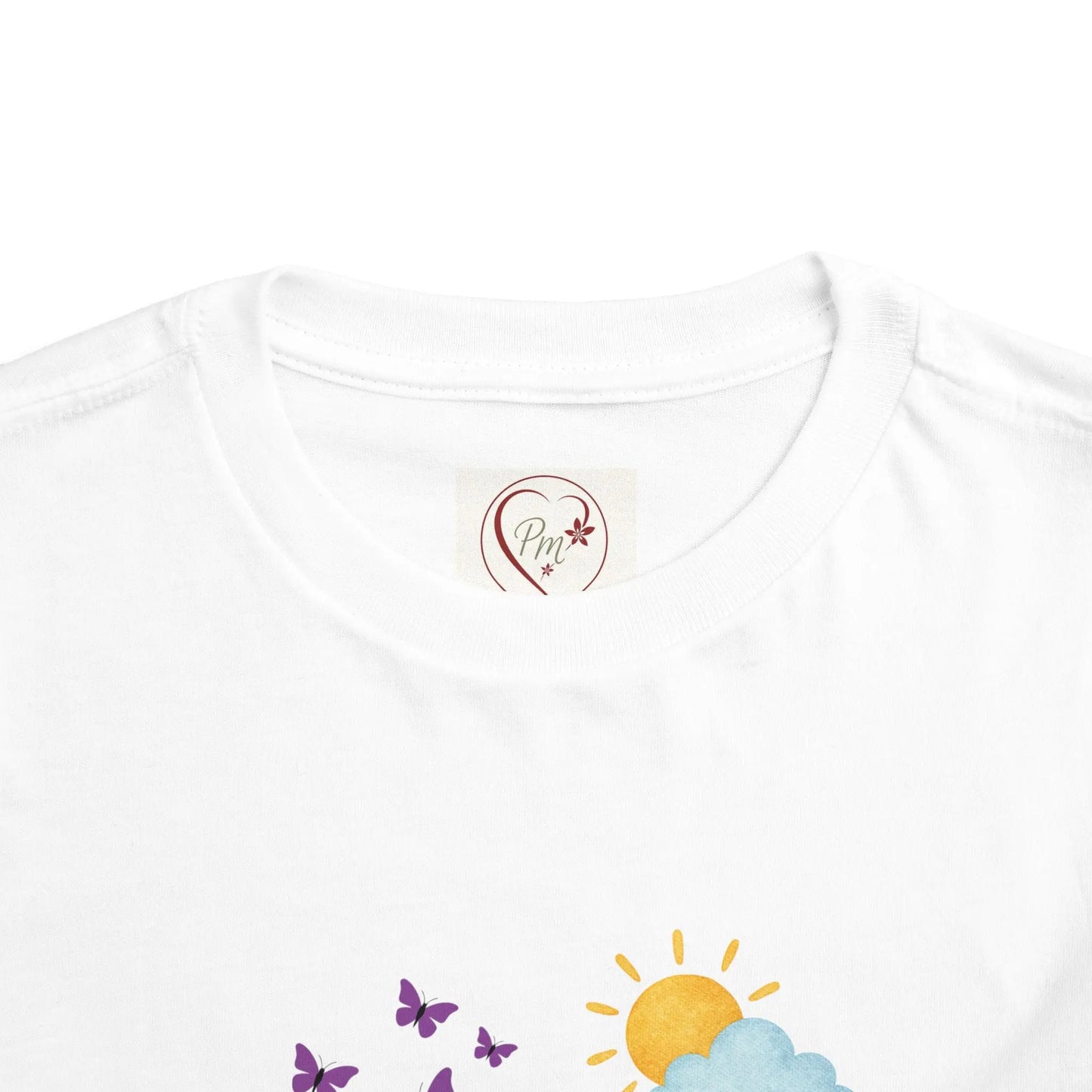 Cute kid fishing toddler tee with a fun outdoor graphic. Soft cotton, sizes 2T–5T. Perfect for little anglers, lake days & nature-loving kids. PM Creations 25 Logo