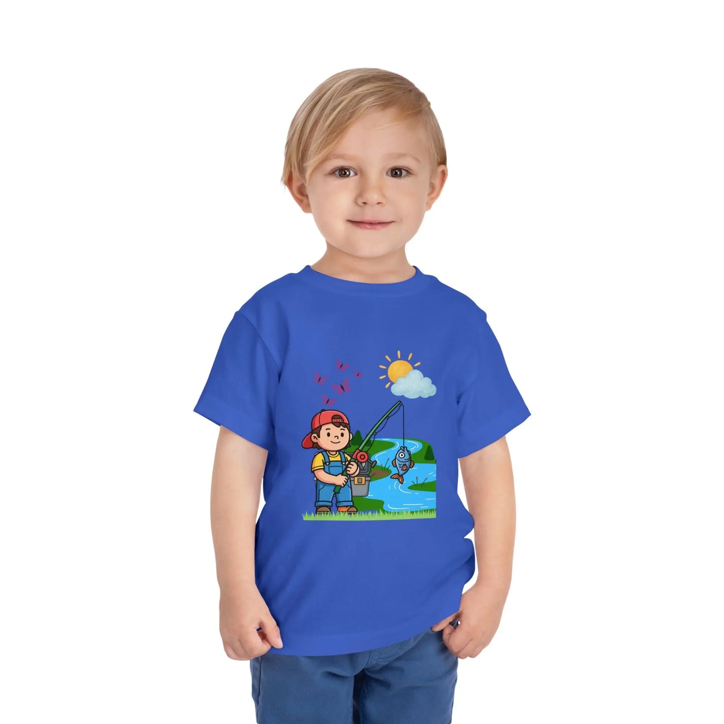 Cute kid fishing toddler tee with a fun outdoor graphic. Soft cotton, sizes 2T–5T. Perfect for little anglers, lake days & nature-loving kids. True Royal