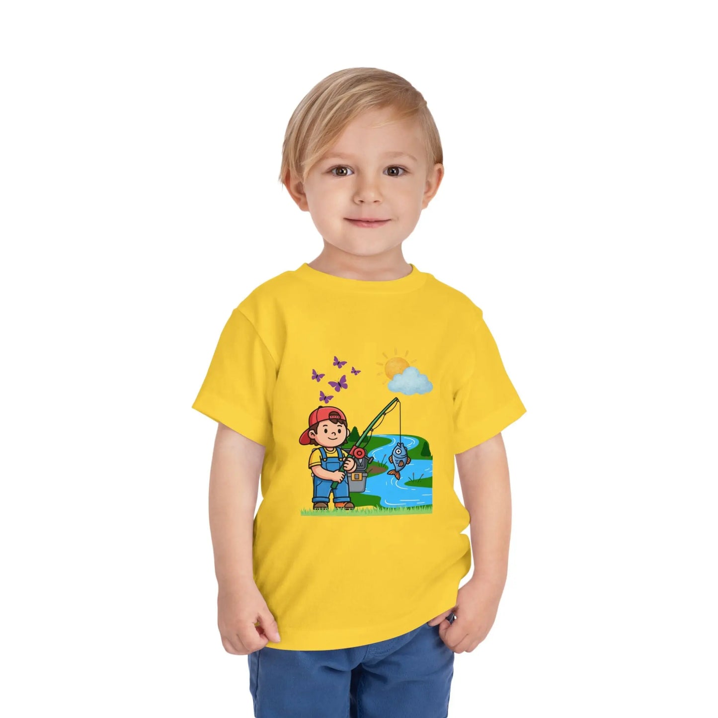 Cute kid fishing toddler tee with a fun outdoor graphic. Soft cotton, sizes 2T–5T. Perfect for little anglers, lake days & nature-loving kids. Yellow
