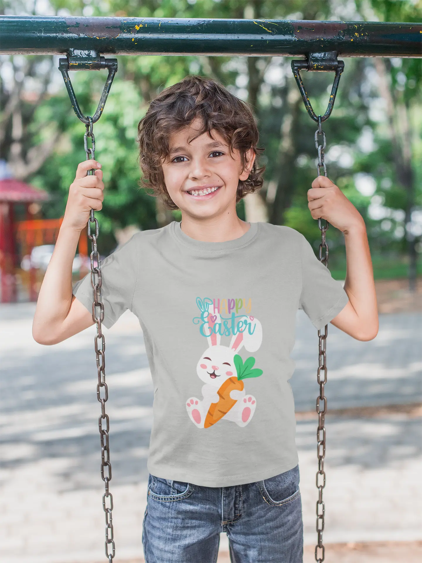 Child Wearing a soft, lightweight Easter tee featuring an adorable bunny with carrot. Perfect for egg hunts, family photos & spring celebrations. Comfortable fit for active kids.