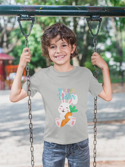 Child Wearing a soft, lightweight Easter tee featuring an adorable bunny with carrot. Perfect for egg hunts, family photos & spring celebrations. Comfortable fit for active kids.