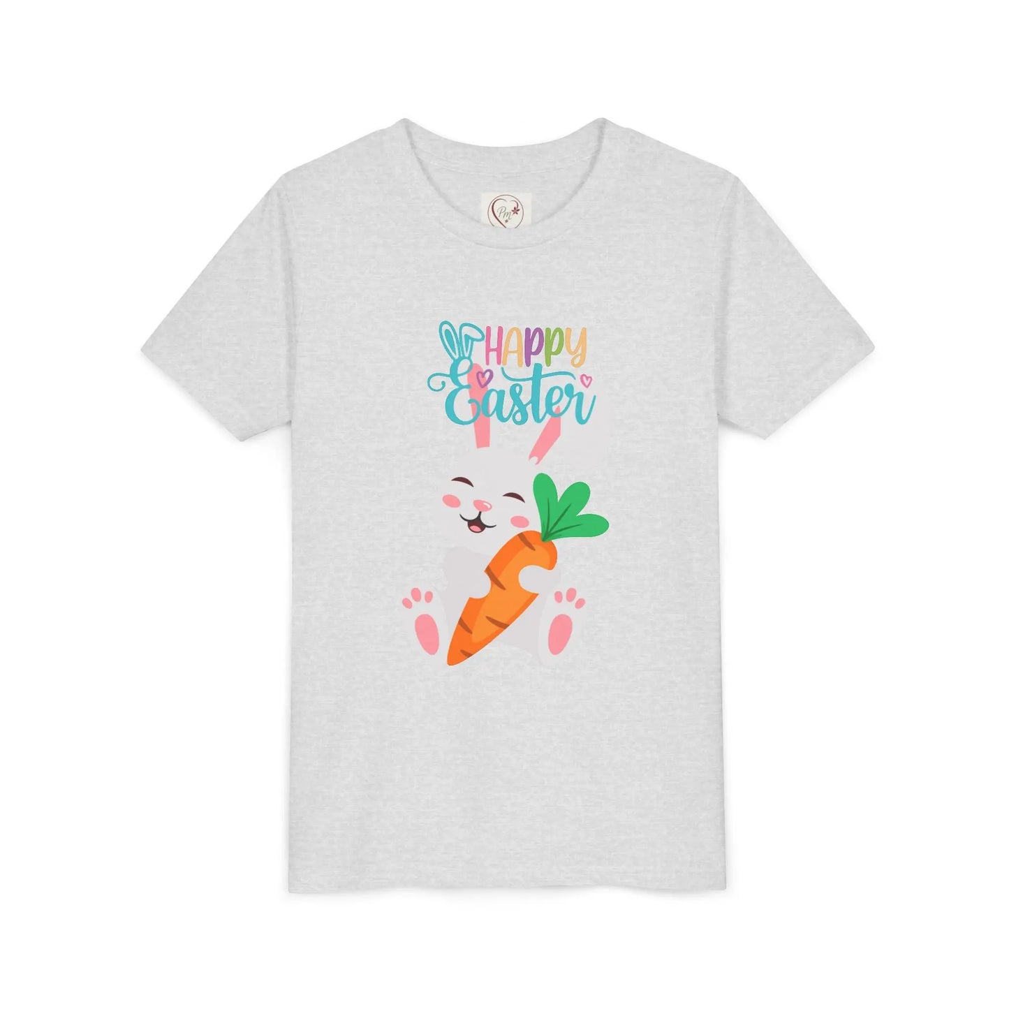 Soft, lightweight Easter tee featuring an adorable bunny with carrot. Perfect for egg hunts, family photos & spring celebrations. Comfortable fit for active kids. Ash