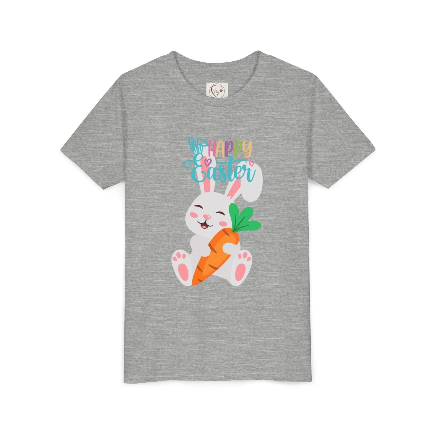 Soft, lightweight Easter tee featuring an adorable bunny with carrot. Perfect for egg hunts, family photos & spring celebrations. Comfortable fit for active kids. Athletic Heather