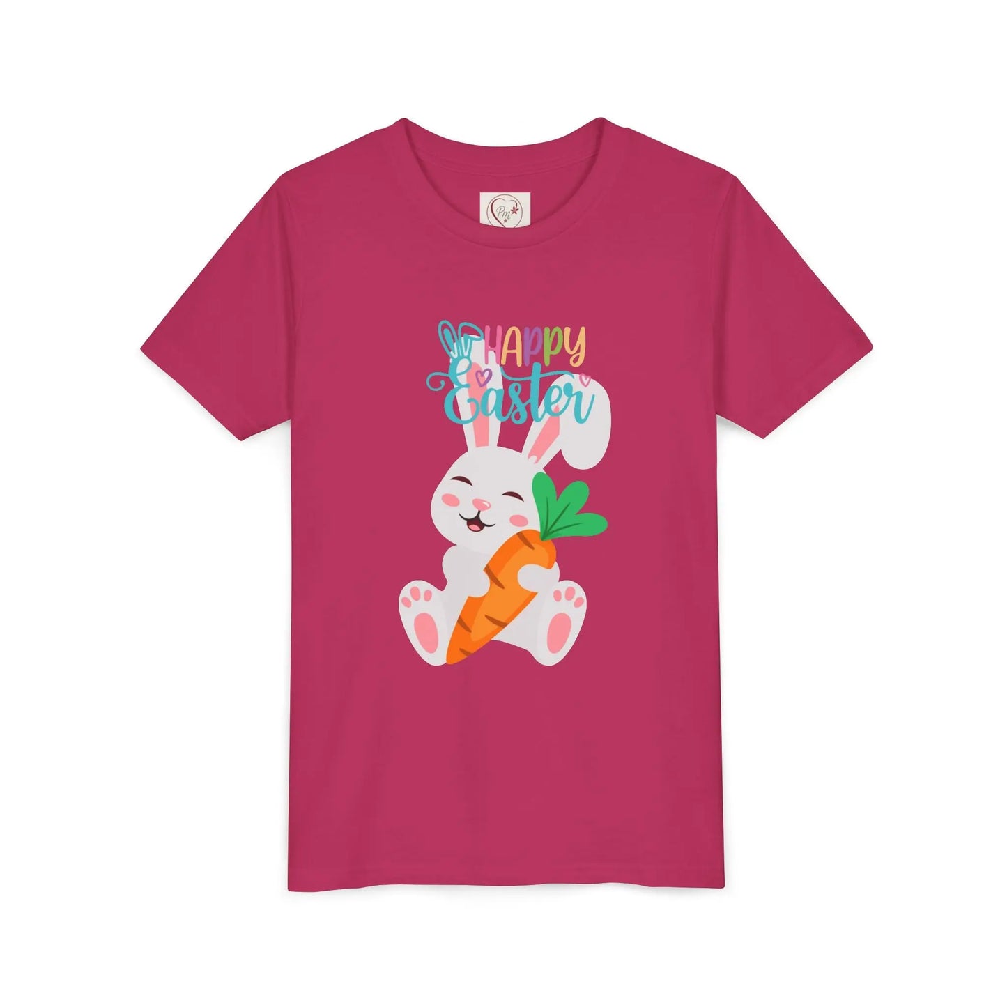 Soft, lightweight Easter tee featuring an adorable bunny with carrot. Perfect for egg hunts, family photos & spring celebrations. Comfortable fit for active kids. Berry
