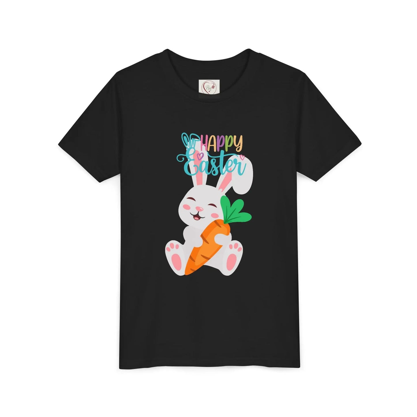 Soft, lightweight Easter tee featuring an adorable bunny with carrot. Perfect for egg hunts, family photos & spring celebrations. Comfortable fit for active kids. Black