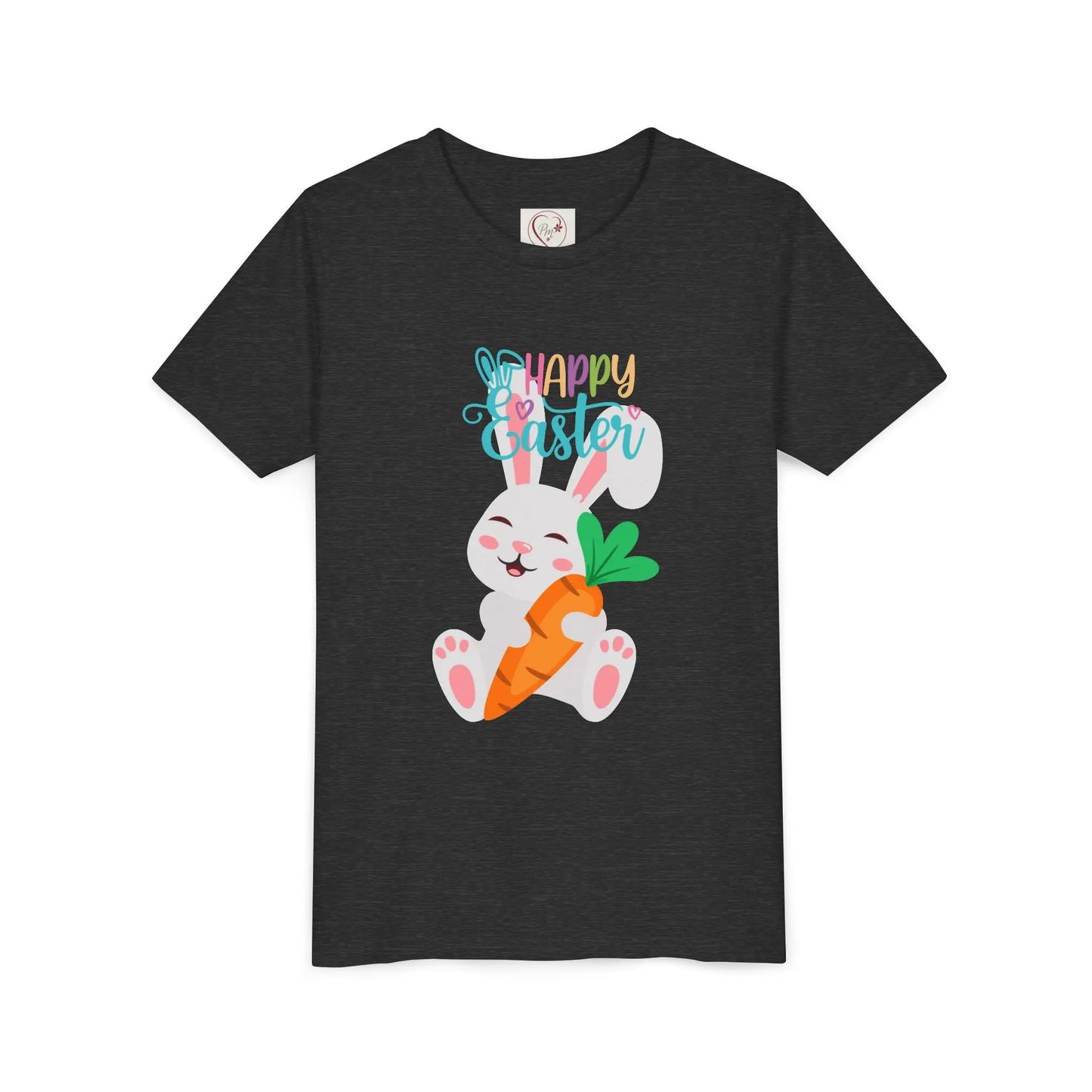 Soft, lightweight Easter tee featuring an adorable bunny with carrot. Perfect for egg hunts, family photos & spring celebrations. Comfortable fit for active kids. Dark Grey Heather