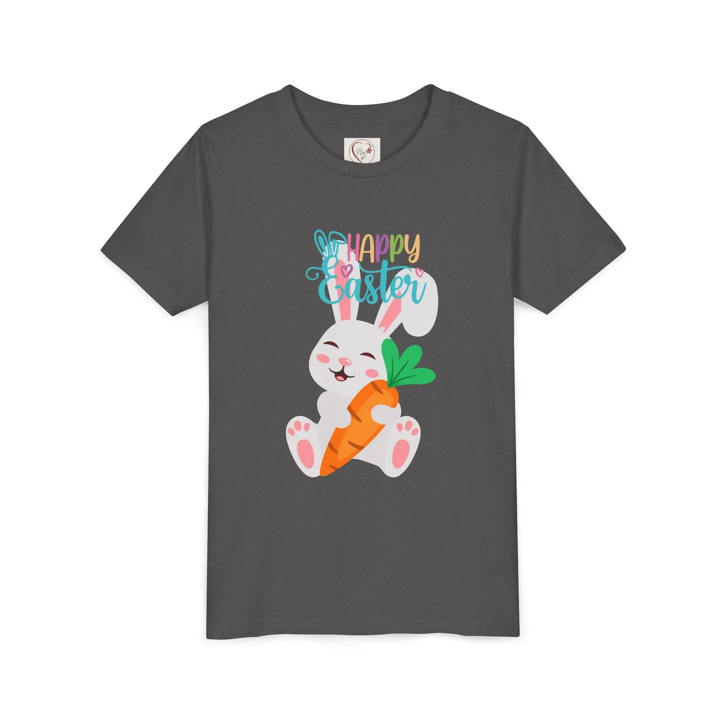 Soft, lightweight Easter tee featuring an adorable bunny with carrot. Perfect for egg hunts, family photos & spring celebrations. Comfortable fit for active kids. Dark Heather Grey