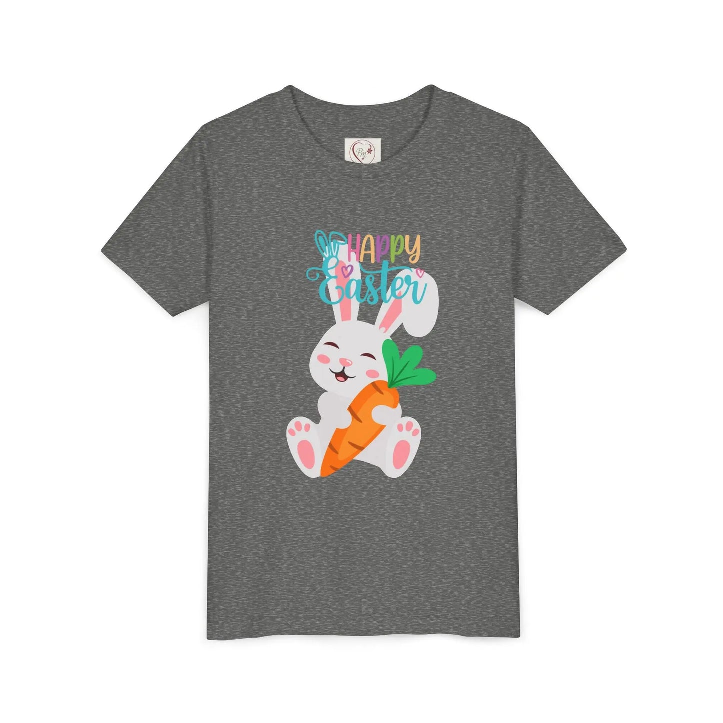 Soft, lightweight Easter tee featuring an adorable bunny with carrot. Perfect for egg hunts, family photos & spring celebrations. Comfortable fit for active kids. Deep Heather
