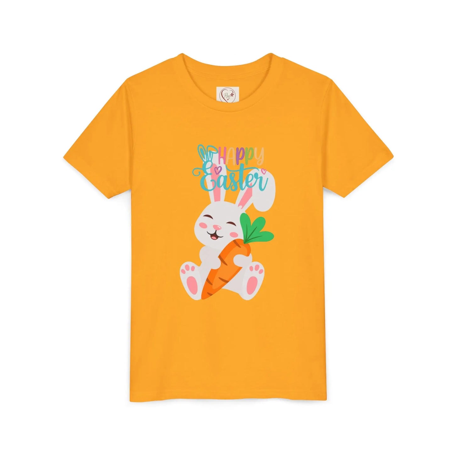 Soft, lightweight Easter tee featuring an adorable bunny with carrot. Perfect for egg hunts, family photos & spring celebrations. Comfortable fit for active kids. Gold