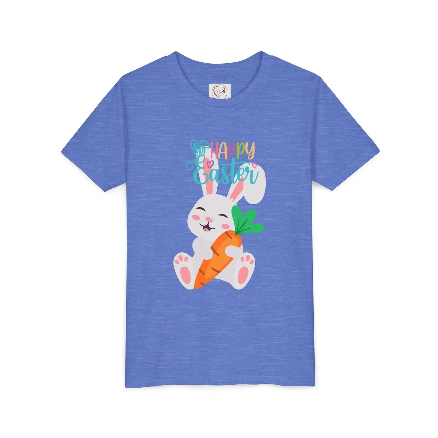 Soft, lightweight Easter tee featuring an adorable bunny with carrot. Perfect for egg hunts, family photos & spring celebrations. Comfortable fit for active kids. Heather Columbia Blue