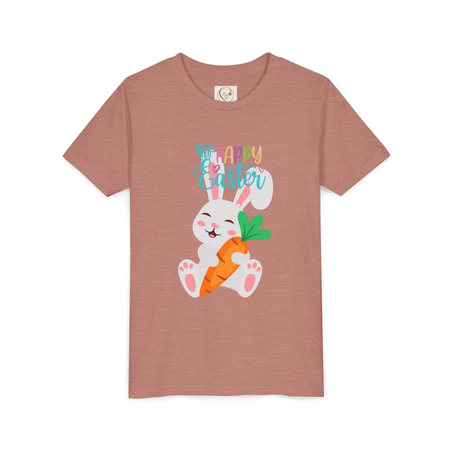 Soft, lightweight Easter tee featuring an adorable bunny with carrot. Perfect for egg hunts, family photos & spring celebrations. Comfortable fit for active kids. Heather Mauve