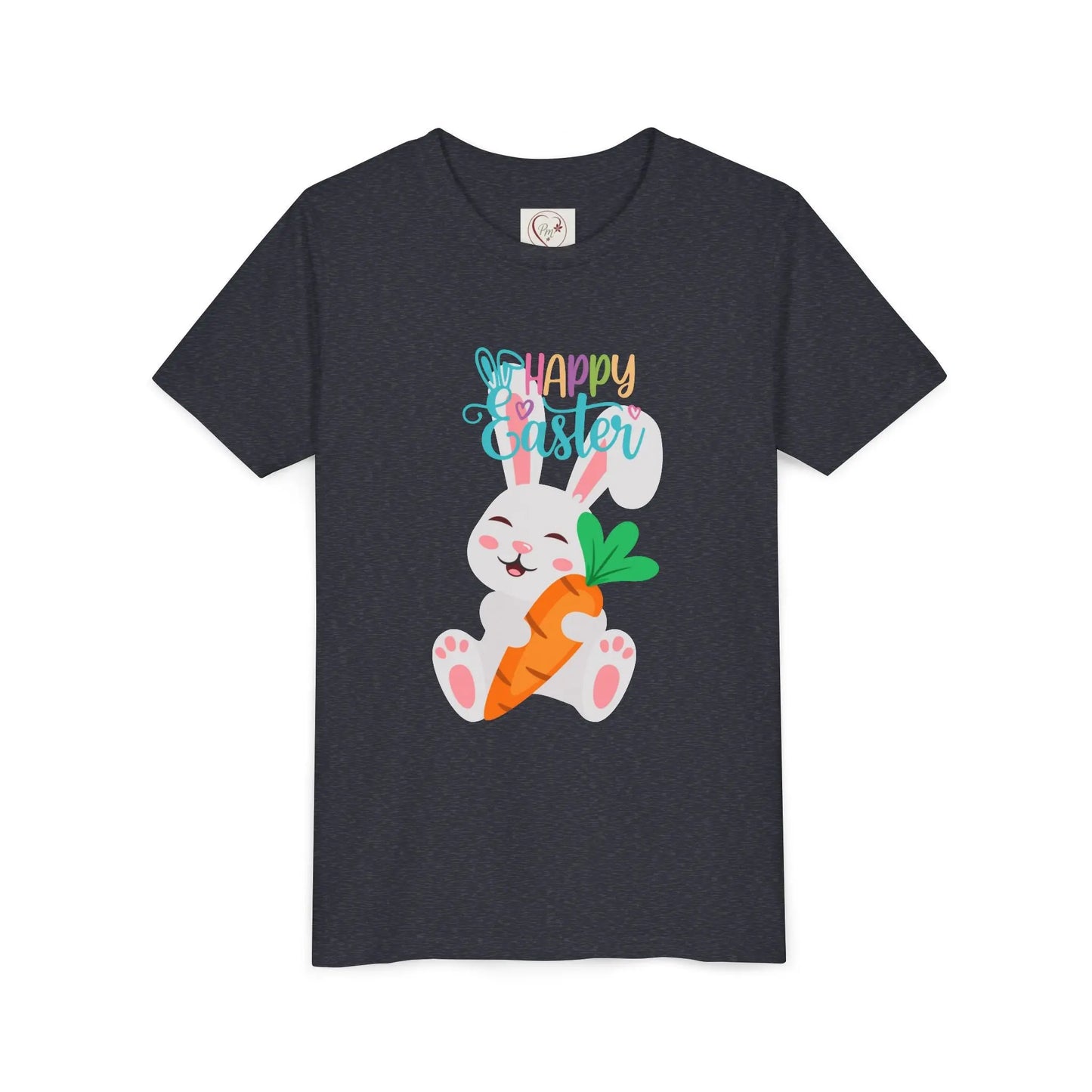 Soft, lightweight Easter tee featuring an adorable bunny with carrot. Perfect for egg hunts, family photos & spring celebrations. Comfortable fit for active kids. Heather Navy