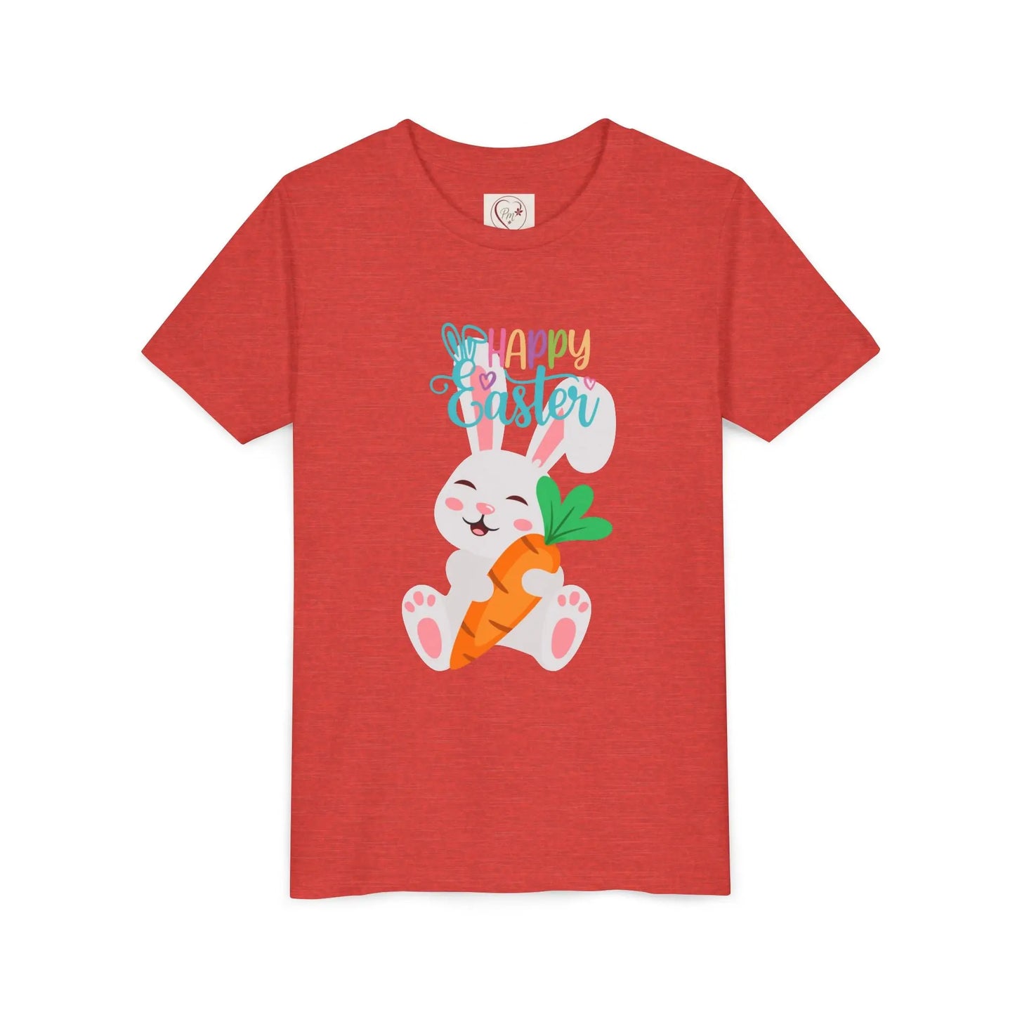 Soft, lightweight Easter tee featuring an adorable bunny with carrot. Perfect for egg hunts, family photos & spring celebrations. Comfortable fit for active kids. Heather Red