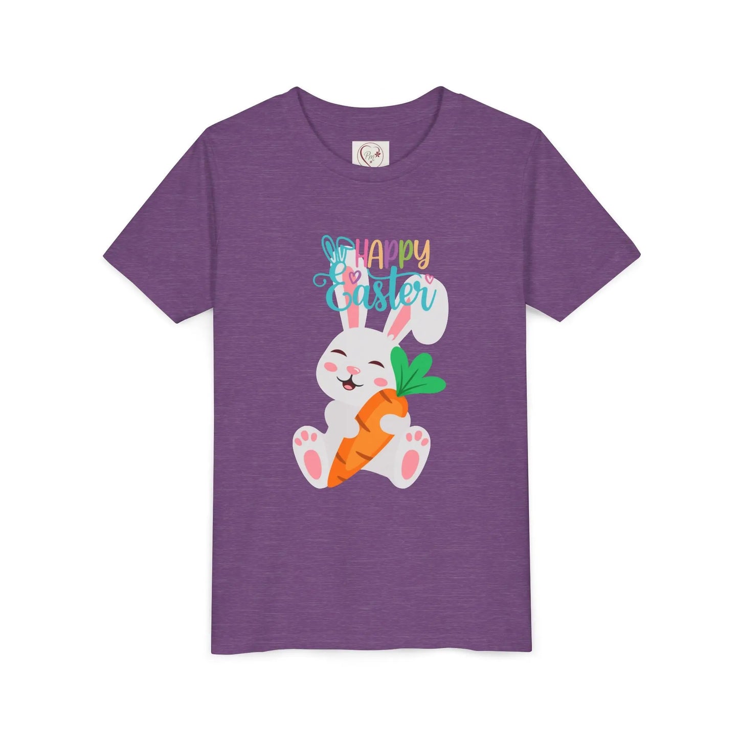 Soft, lightweight Easter tee featuring an adorable bunny with carrot. Perfect for egg hunts, family photos & spring celebrations. Comfortable fit for active kids. Heather Team Purple 