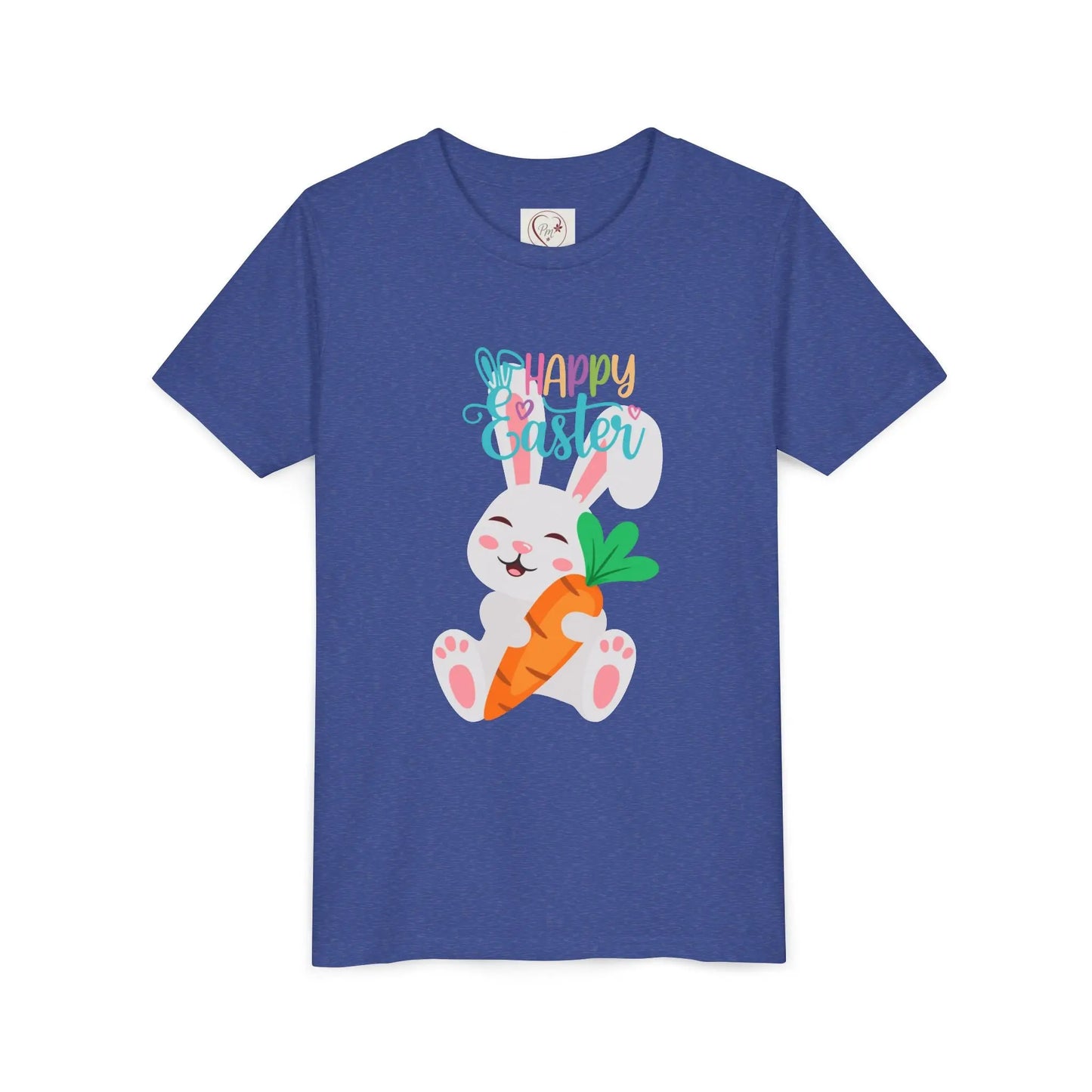 Soft, lightweight Easter tee featuring an adorable bunny with carrot. Perfect for egg hunts, family photos & spring celebrations. Comfortable fit for active kids. Heather Team Royal