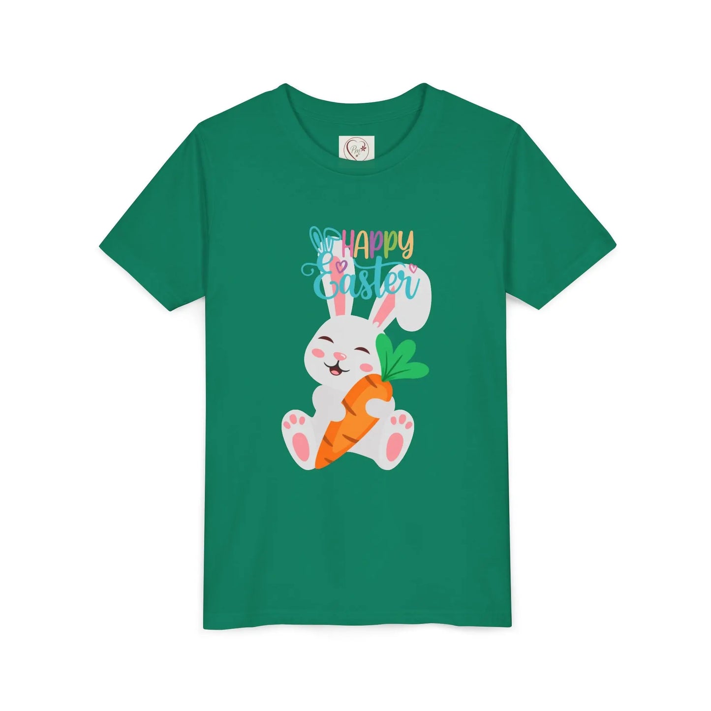 Soft, lightweight Easter tee featuring an adorable bunny with carrot. Perfect for egg hunts, family photos & spring celebrations. Comfortable fit for active kids. Kelly Green