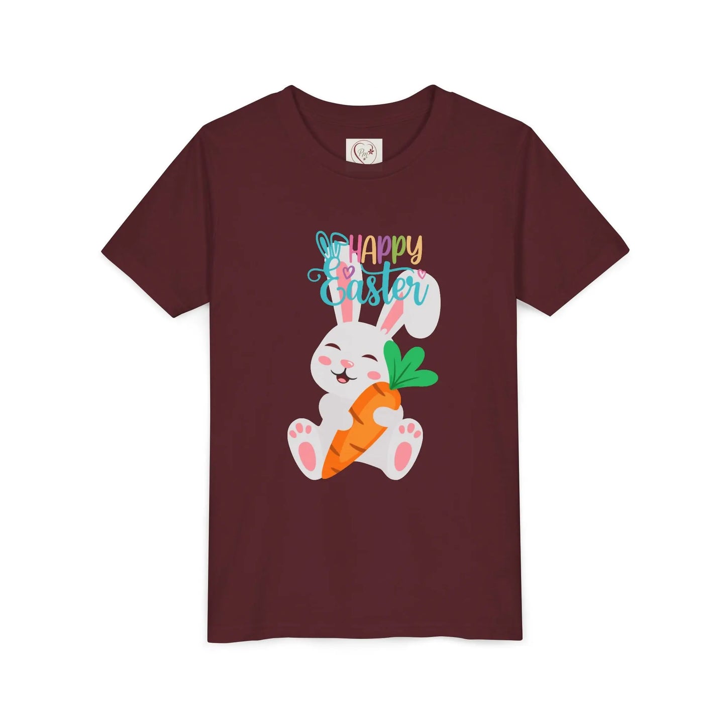 Soft, lightweight Easter tee featuring an adorable bunny with carrot. Perfect for egg hunts, family photos & spring celebrations. Comfortable fit for active kids. Maroon