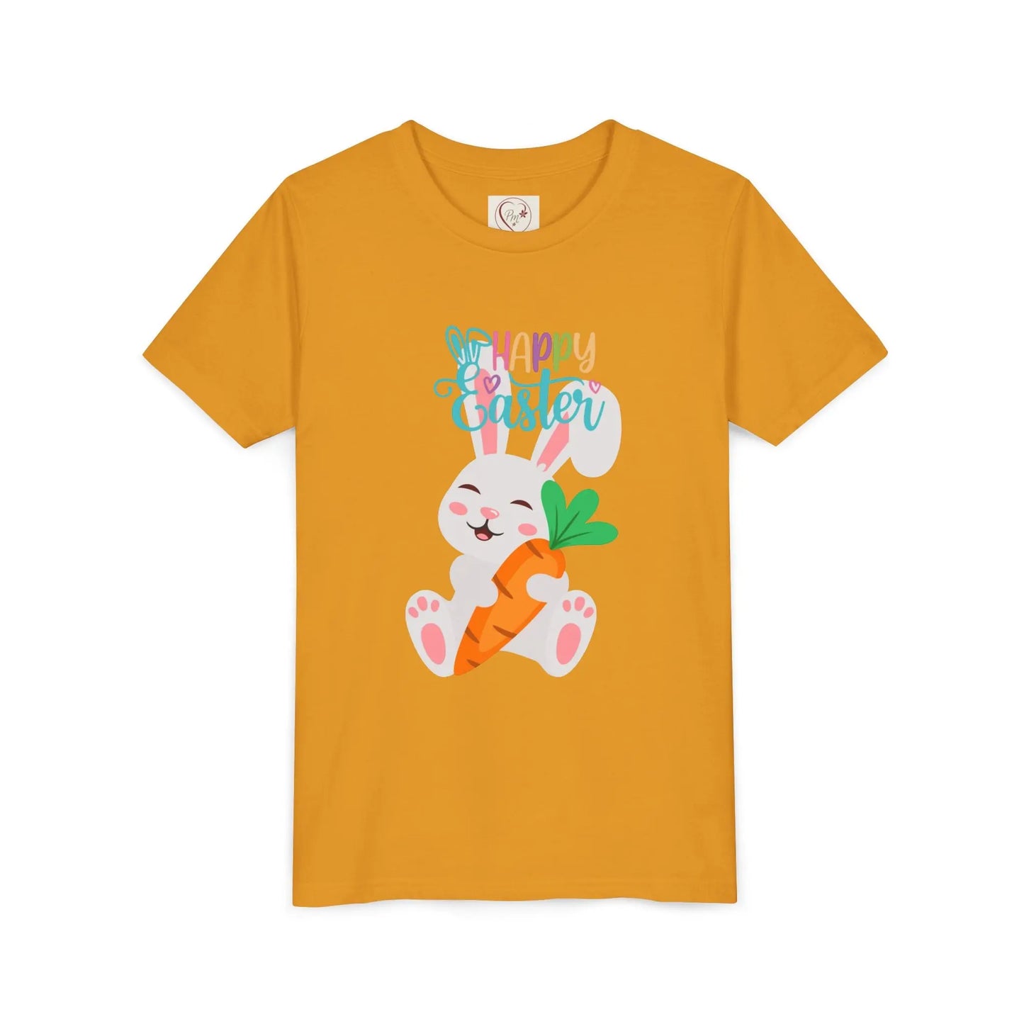 Soft, lightweight Easter tee featuring an adorable bunny with carrot. Perfect for egg hunts, family photos & spring celebrations. Comfortable fit for active kids. Mustard