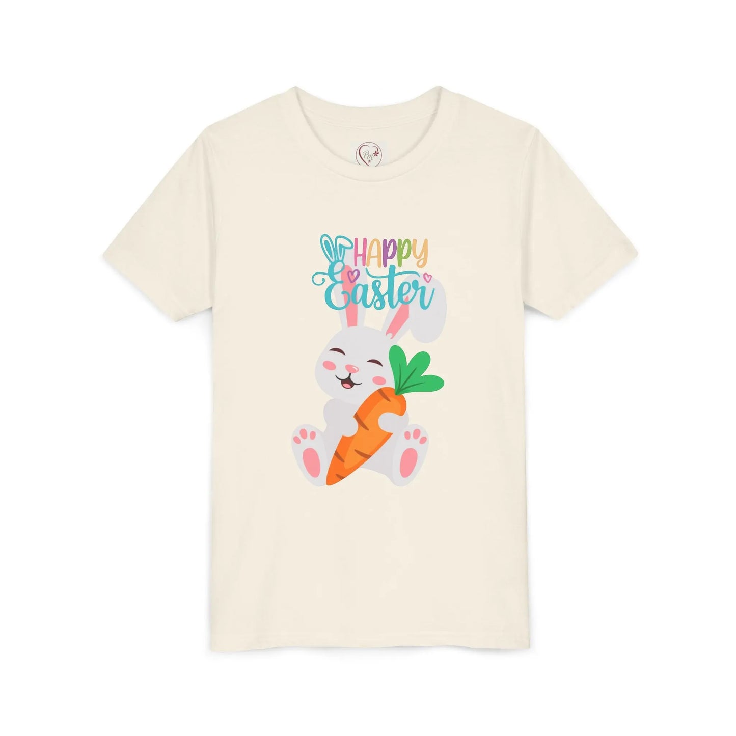 Soft, lightweight Easter tee featuring an adorable bunny with carrot. Perfect for egg hunts, family photos & spring celebrations. Comfortable fit for active kids. Natural