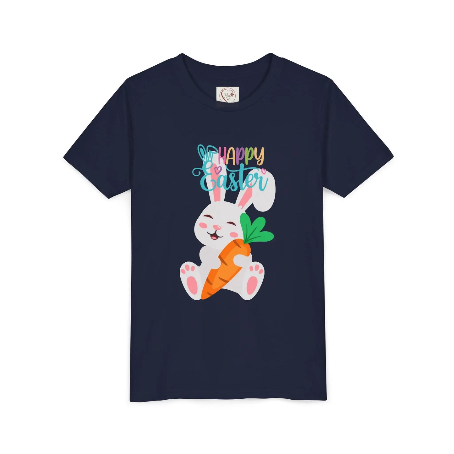 Soft, lightweight Easter tee featuring an adorable bunny with carrot. Perfect for egg hunts, family photos & spring celebrations. Comfortable fit for active kids. Navy
