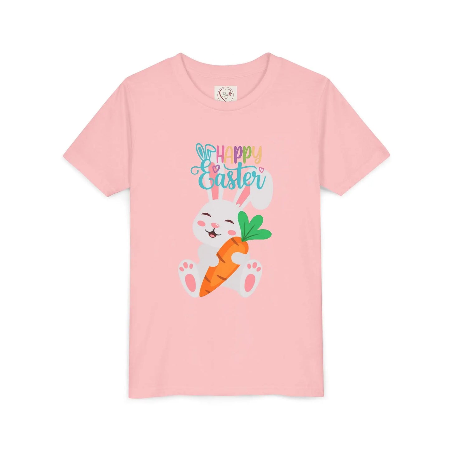 Soft, lightweight Easter tee featuring an adorable bunny with carrot. Perfect for egg hunts, family photos & spring celebrations. Comfortable fit for active kids. Pink