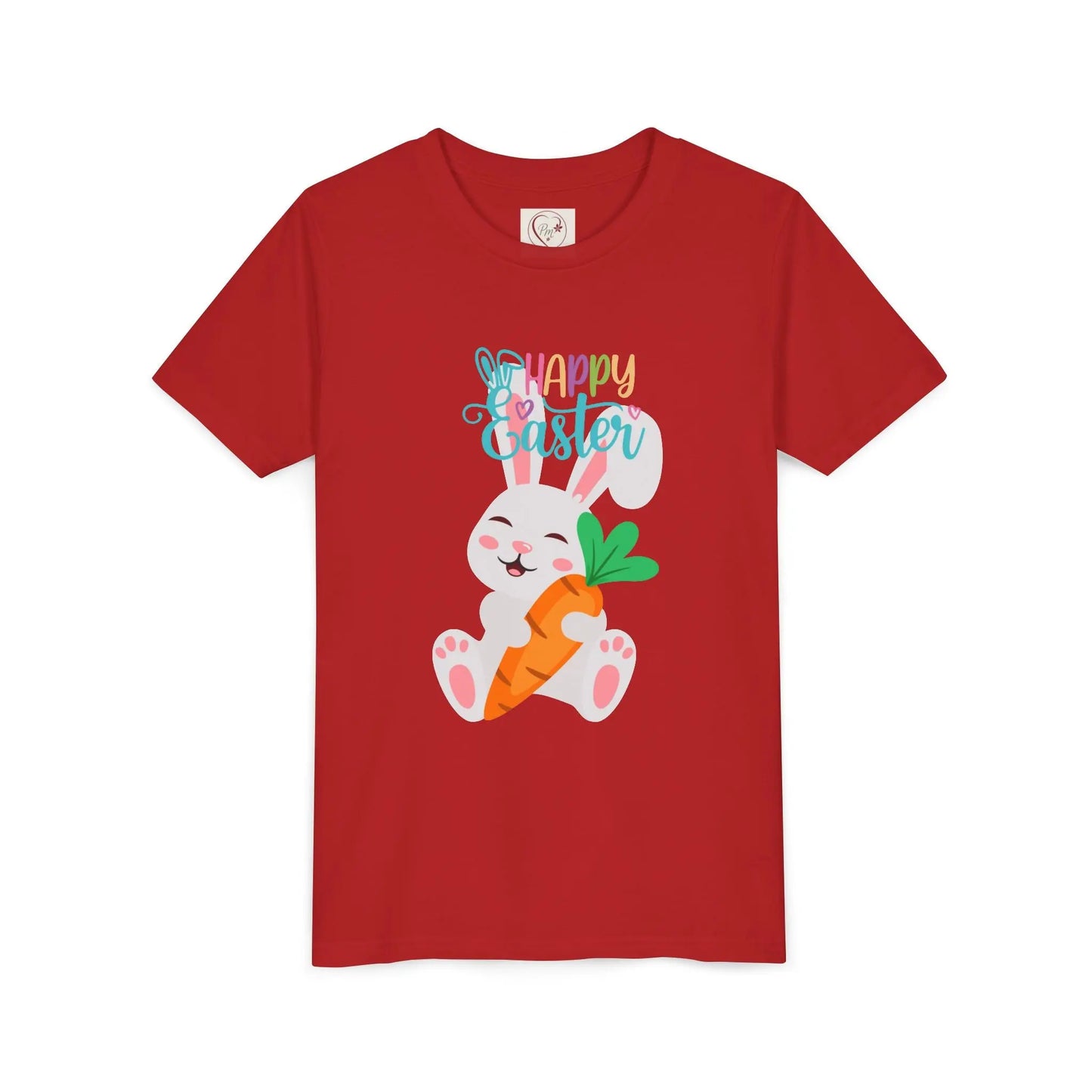 Soft, lightweight Easter tee featuring an adorable bunny with carrot. Perfect for egg hunts, family photos & spring celebrations. Comfortable fit for active kids. Red