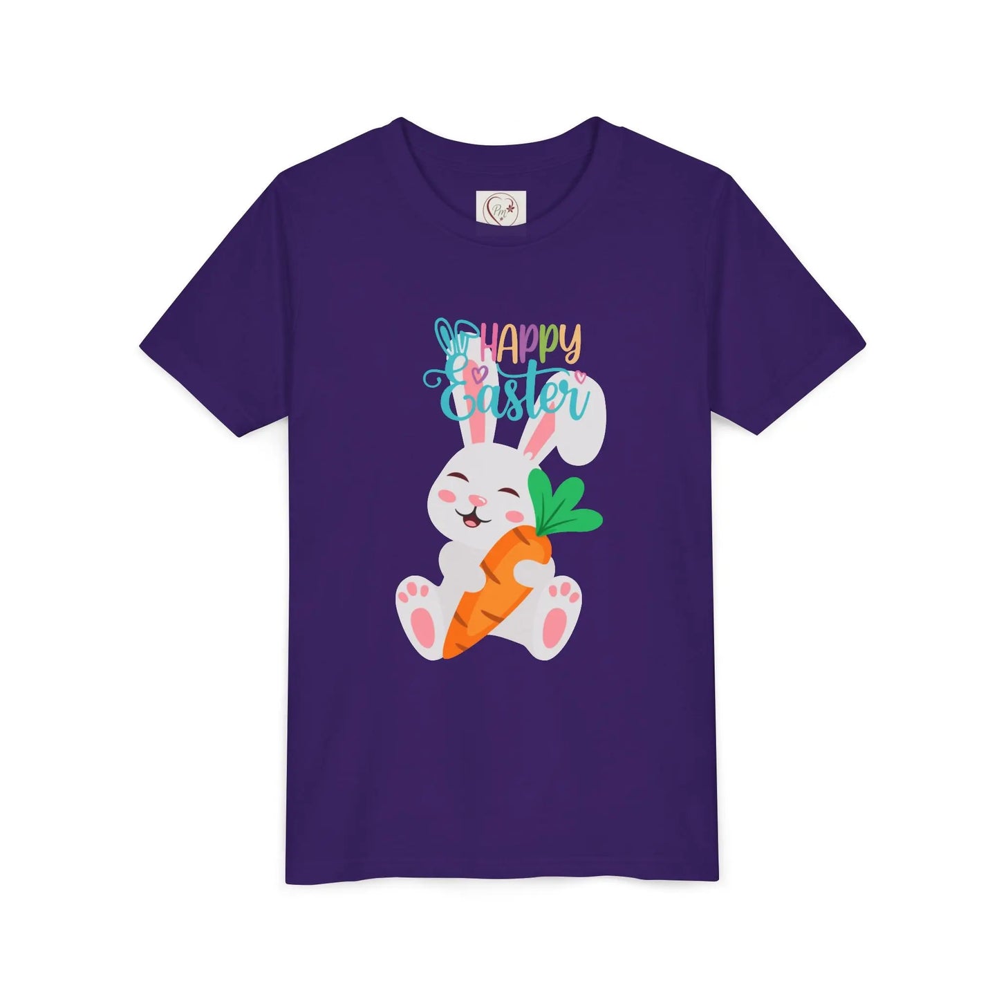 Soft, lightweight Easter tee featuring an adorable bunny with carrot. Perfect for egg hunts, family photos & spring celebrations. Comfortable fit for active kids. Team Purple