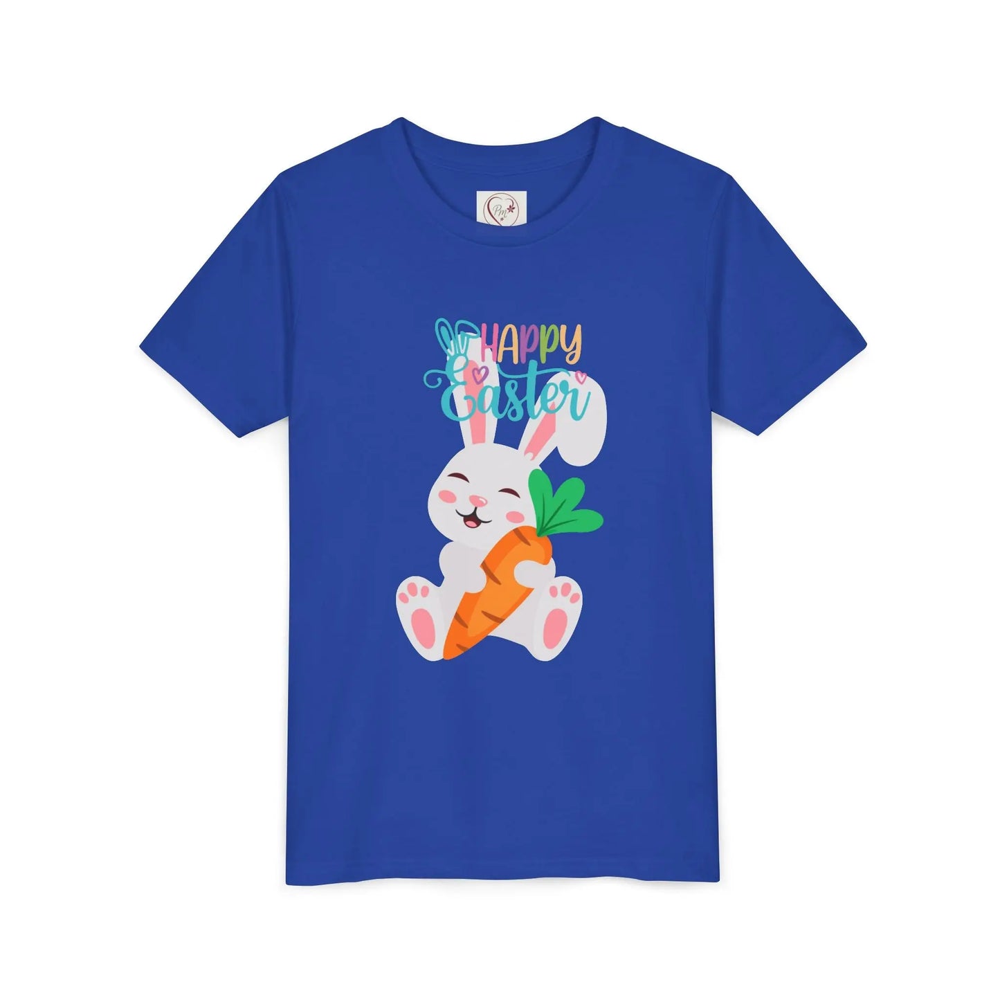 Soft, lightweight Easter tee featuring an adorable bunny with carrot. Perfect for egg hunts, family photos & spring celebrations. Comfortable fit for active kids. True Royal