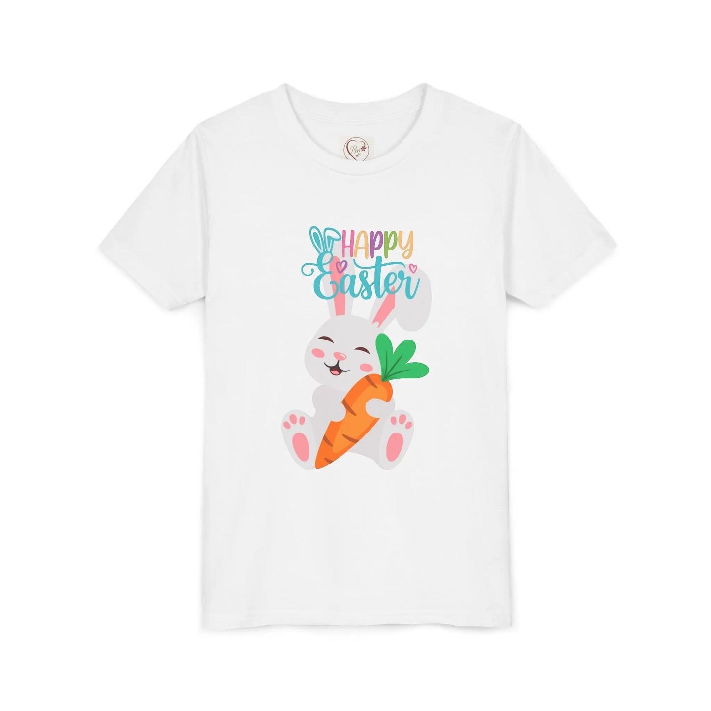 Soft, lightweight Easter tee featuring an adorable bunny with carrot. Perfect for egg hunts, family photos & spring celebrations. Comfortable fit for active kids. White