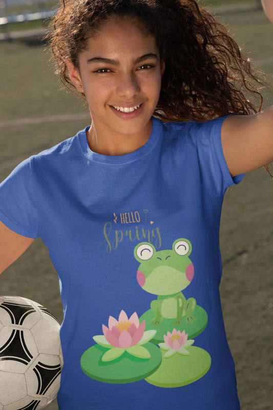 Youth wearing Hello Spring tee with frog, lily pad, and floral spring graphic
