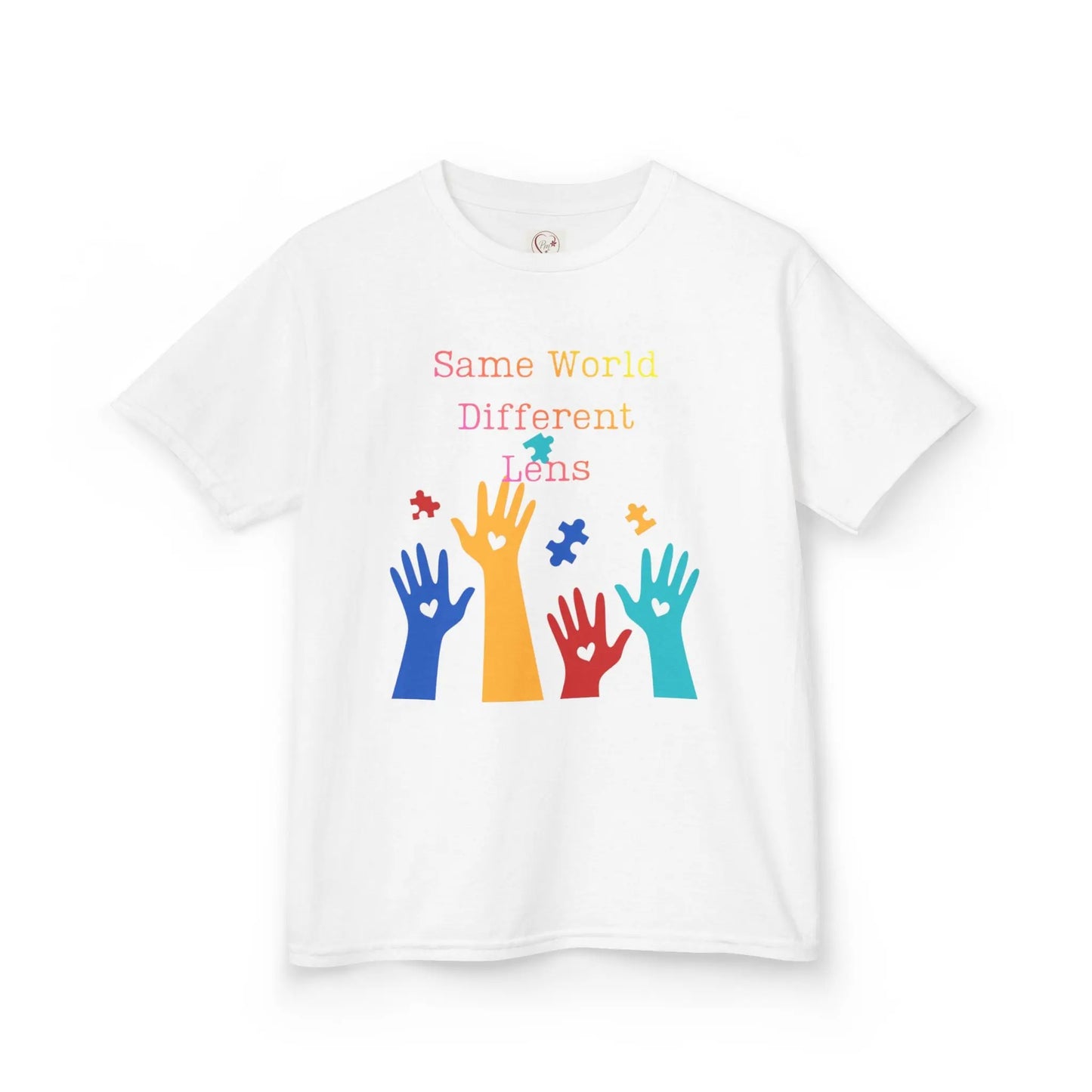 White kids tee with colorful raised hands and puzzle pieces reading Same World Different Minds, autism awareness shirt by PM Creations 25