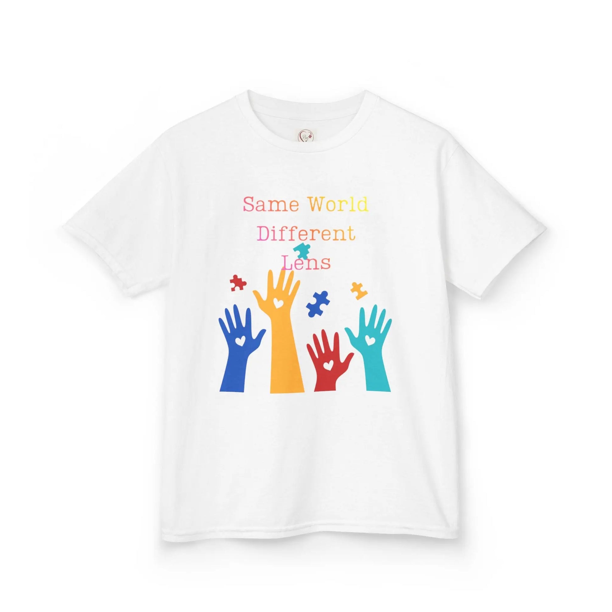 White kids tee with colorful raised hands and puzzle pieces reading Same World Different Minds, autism awareness shirt by PM Creations 25
