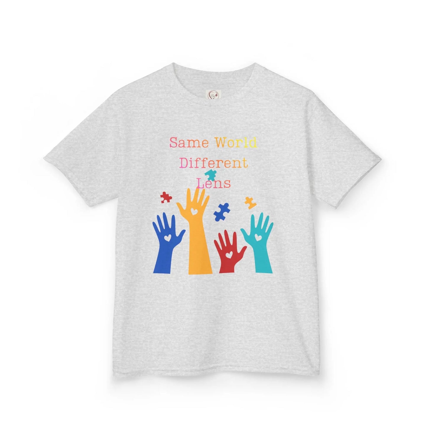 Ash kids tee with colorful raised hands and puzzle pieces reading Same World Different Minds, autism awareness shirt by PM Creations 25