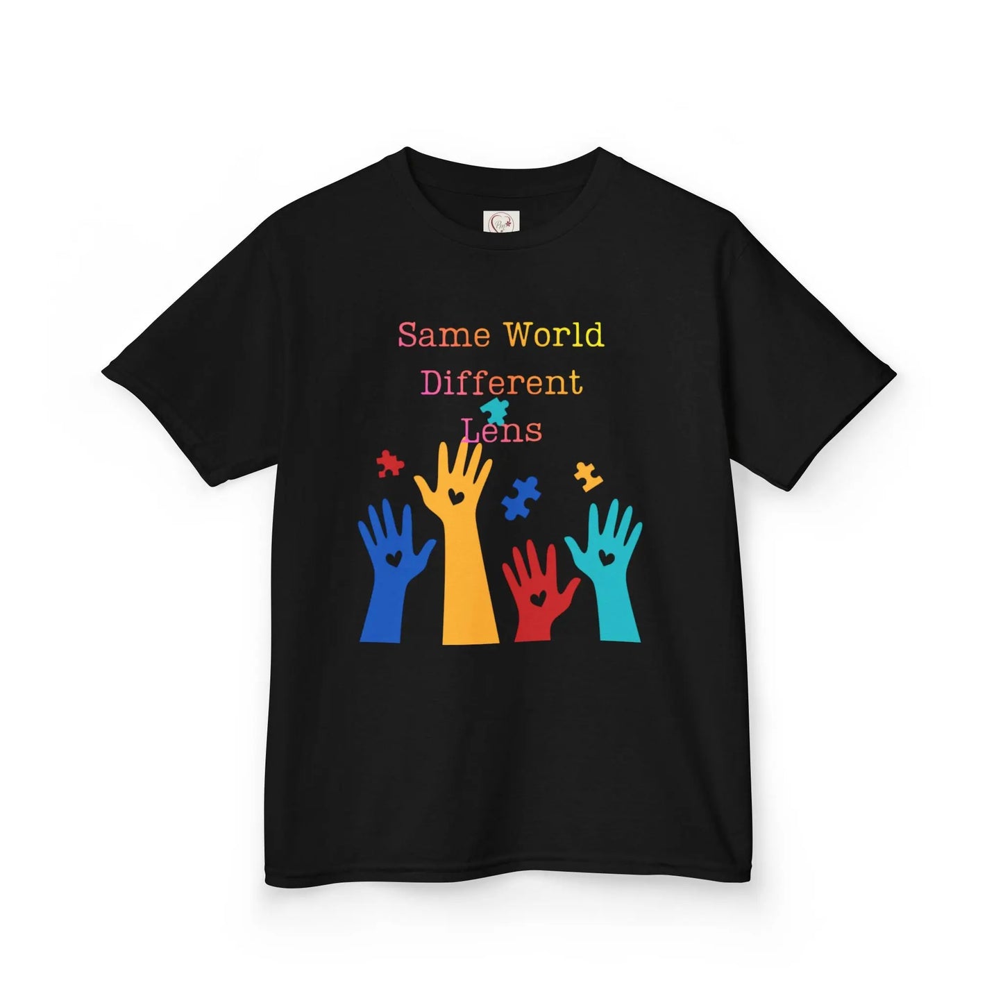 Black kids tee with colorful raised hands and puzzle pieces reading Same World Different Minds, autism awareness shirt by PM Creations 25