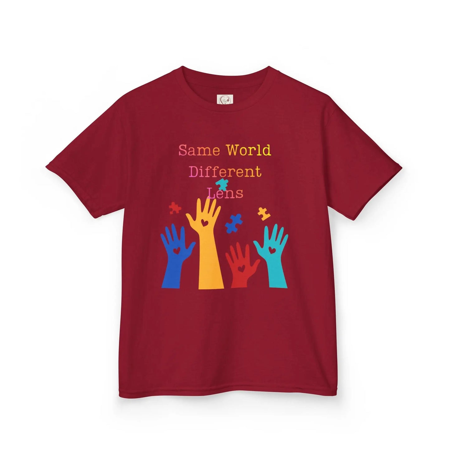 Cardinal Red kids tee with colorful raised hands and puzzle pieces reading Same World Different Minds, autism awareness shirt by PM Creations 25