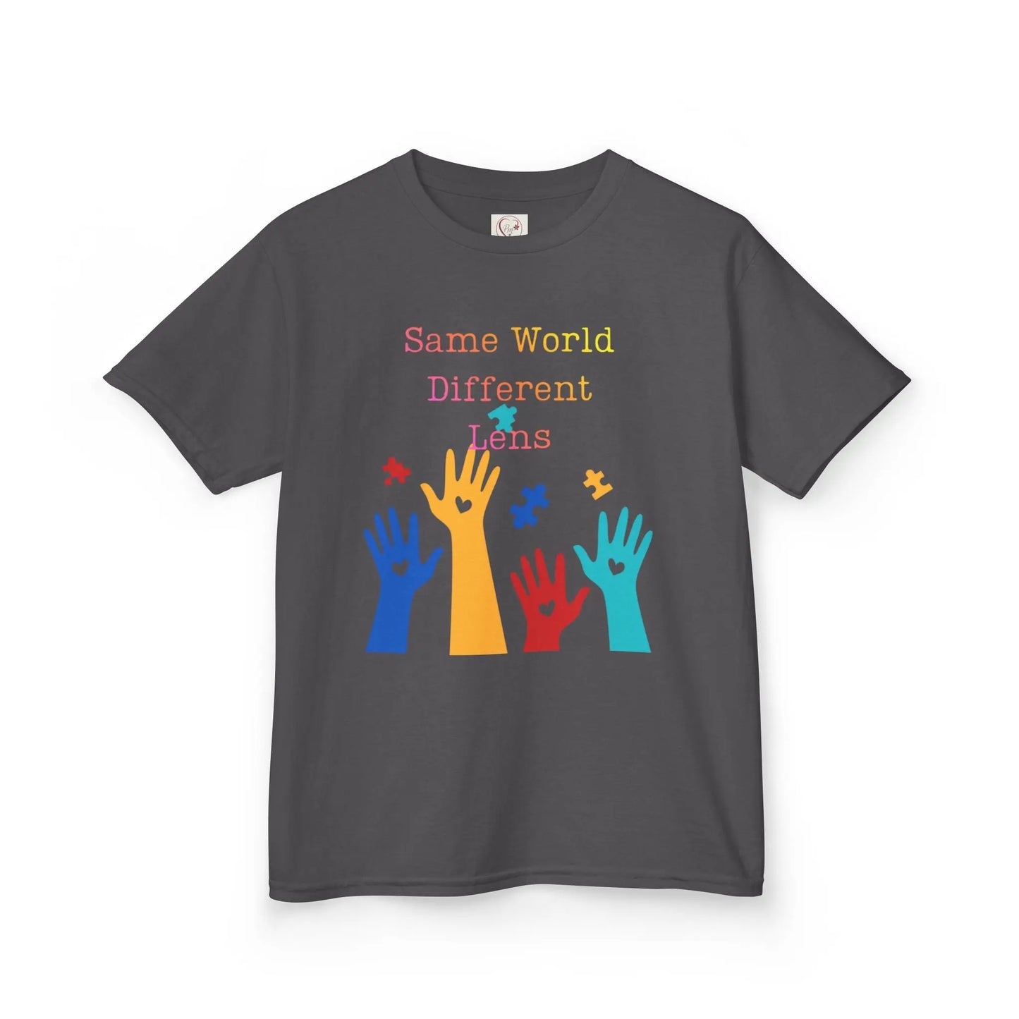 Charcoal kids tee with colorful raised hands and puzzle pieces reading Same World Different Minds, autism awareness shirt by PM Creations 25