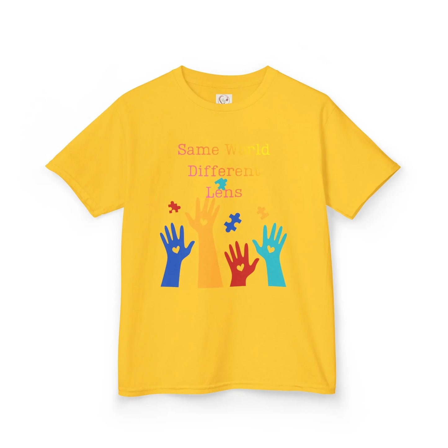Daisy kids tee with colorful raised hands and puzzle pieces reading Same World Different Minds, autism awareness shirt by PM Creations 25