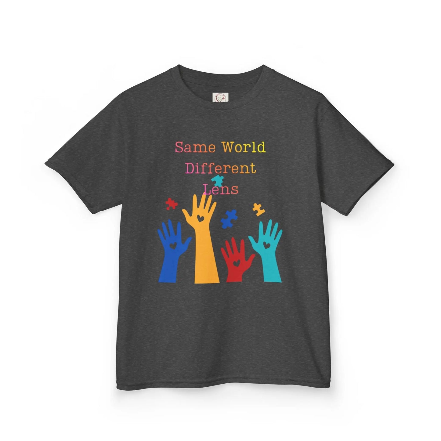 Dark Heather kids tee with colorful raised hands and puzzle pieces reading Same World Different Minds, autism awareness shirt by PM Creations 25