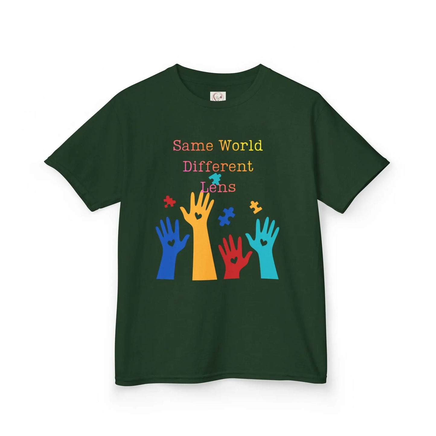 Forest Green kids tee with colorful raised hands and puzzle pieces reading Same World Different Minds, autism awareness shirt by PM Creations 25