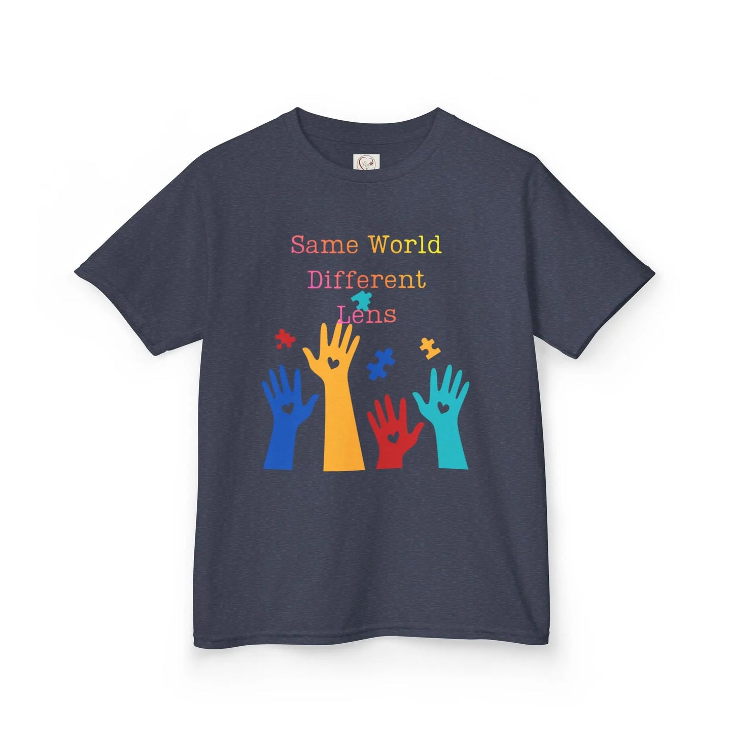 Heather Navy kids tee with colorful raised hands and puzzle pieces reading Same World Different Minds, autism awareness shirt by PM Creations 25