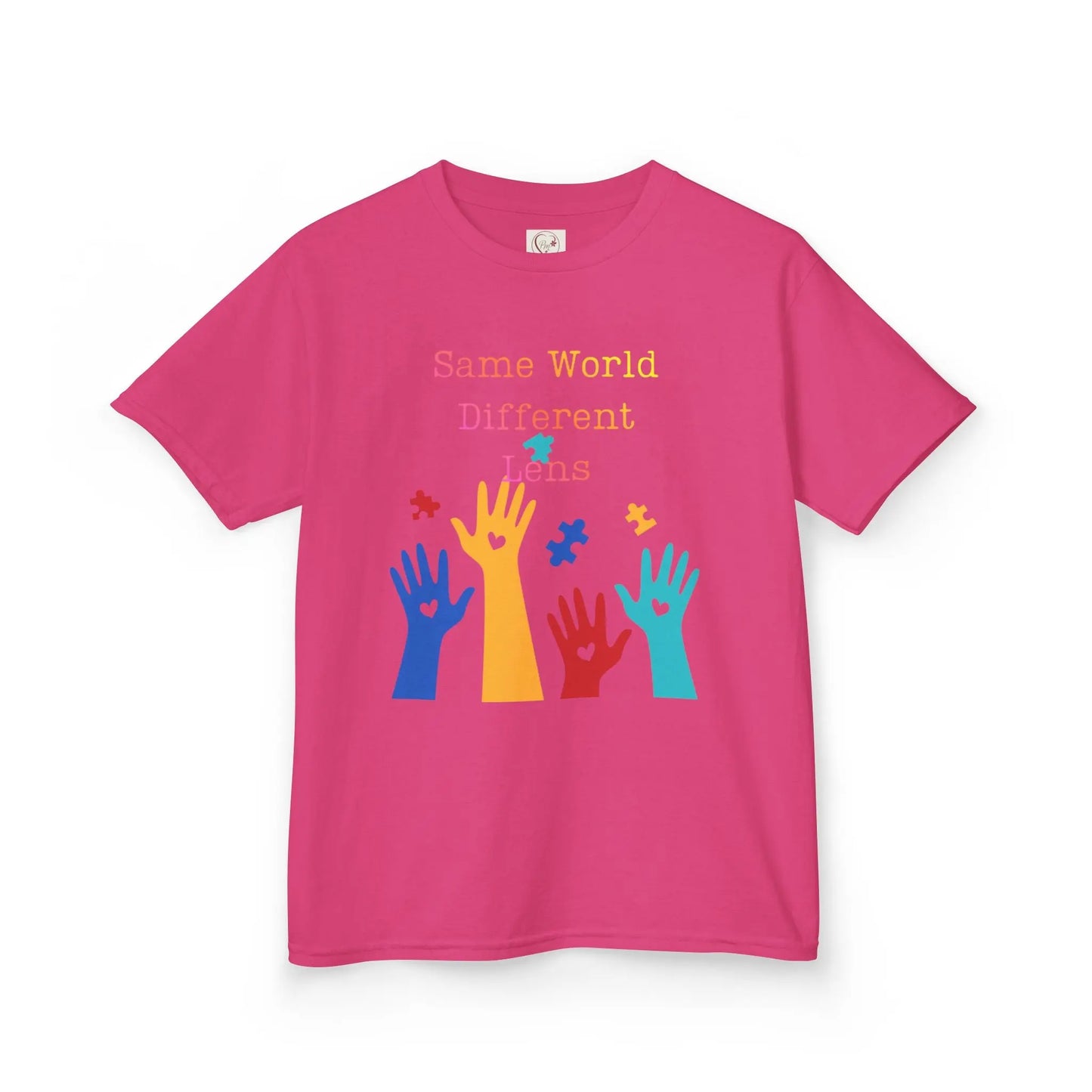 Heliconia Pink kids tee with colorful raised hands and puzzle pieces reading Same World Different Minds, autism awareness shirt by PM Creations 25