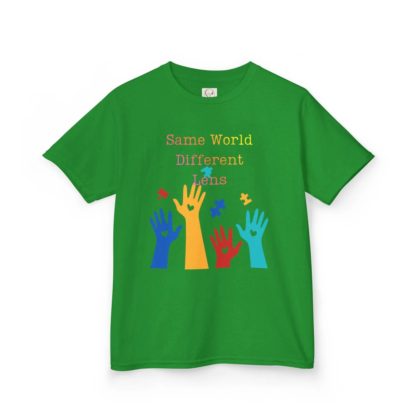 Irish Green kids tee with colorful raised hands and puzzle pieces reading Same World Different Minds, autism awareness shirt by PM Creations 25