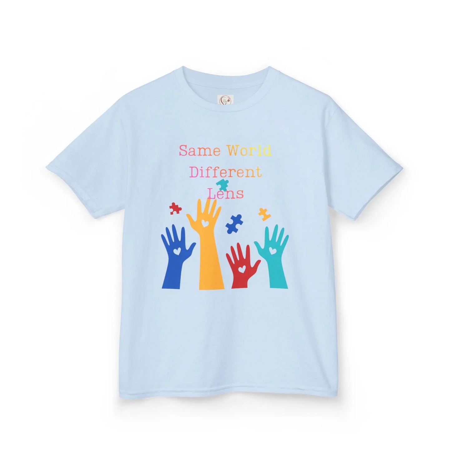 Light Blue kids tee with colorful raised hands and puzzle pieces reading Same World Different Minds, autism awareness shirt by PM Creations 25
