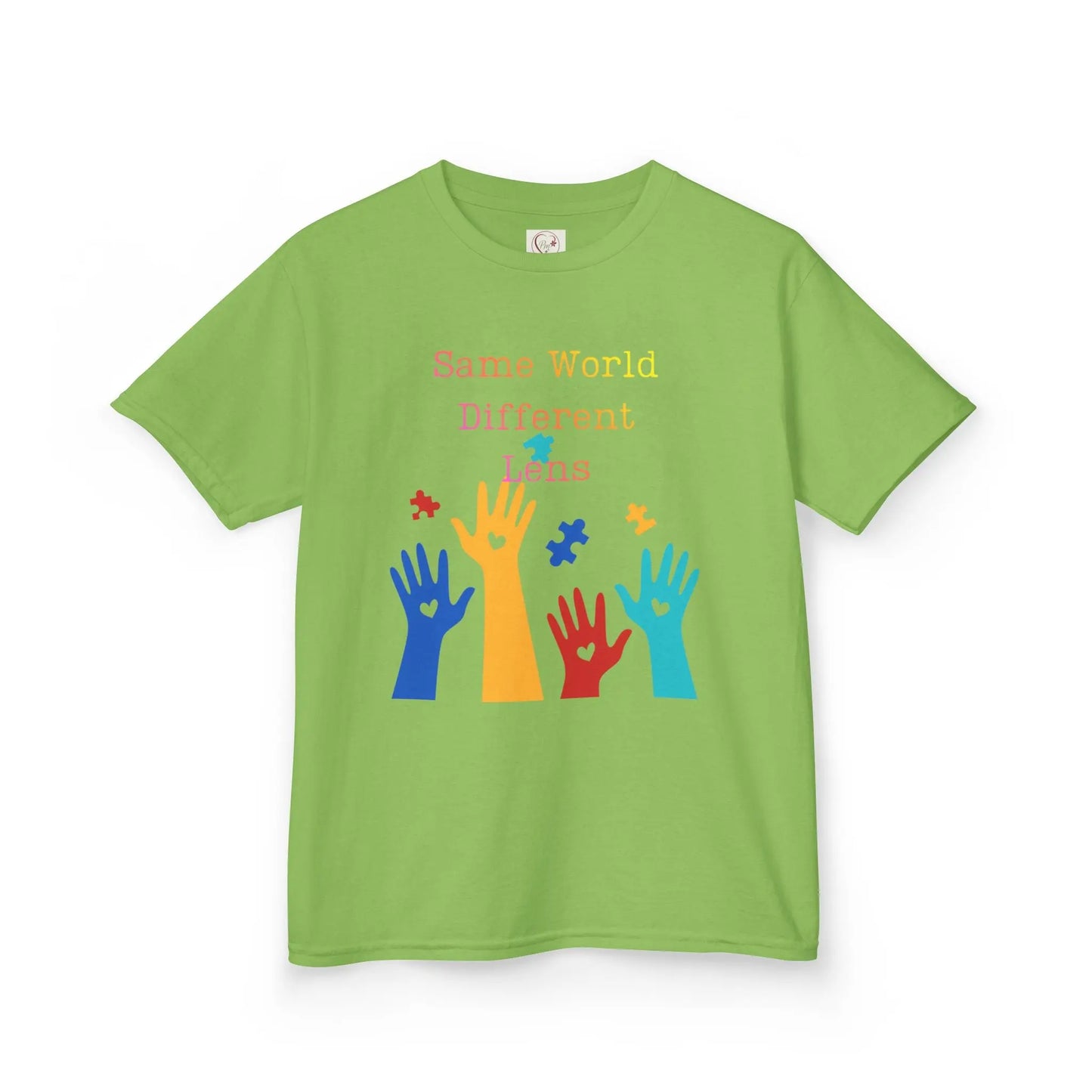 Lime Green kids tee with colorful raised hands and puzzle pieces reading Same World Different Minds, autism awareness shirt by PM Creations 25