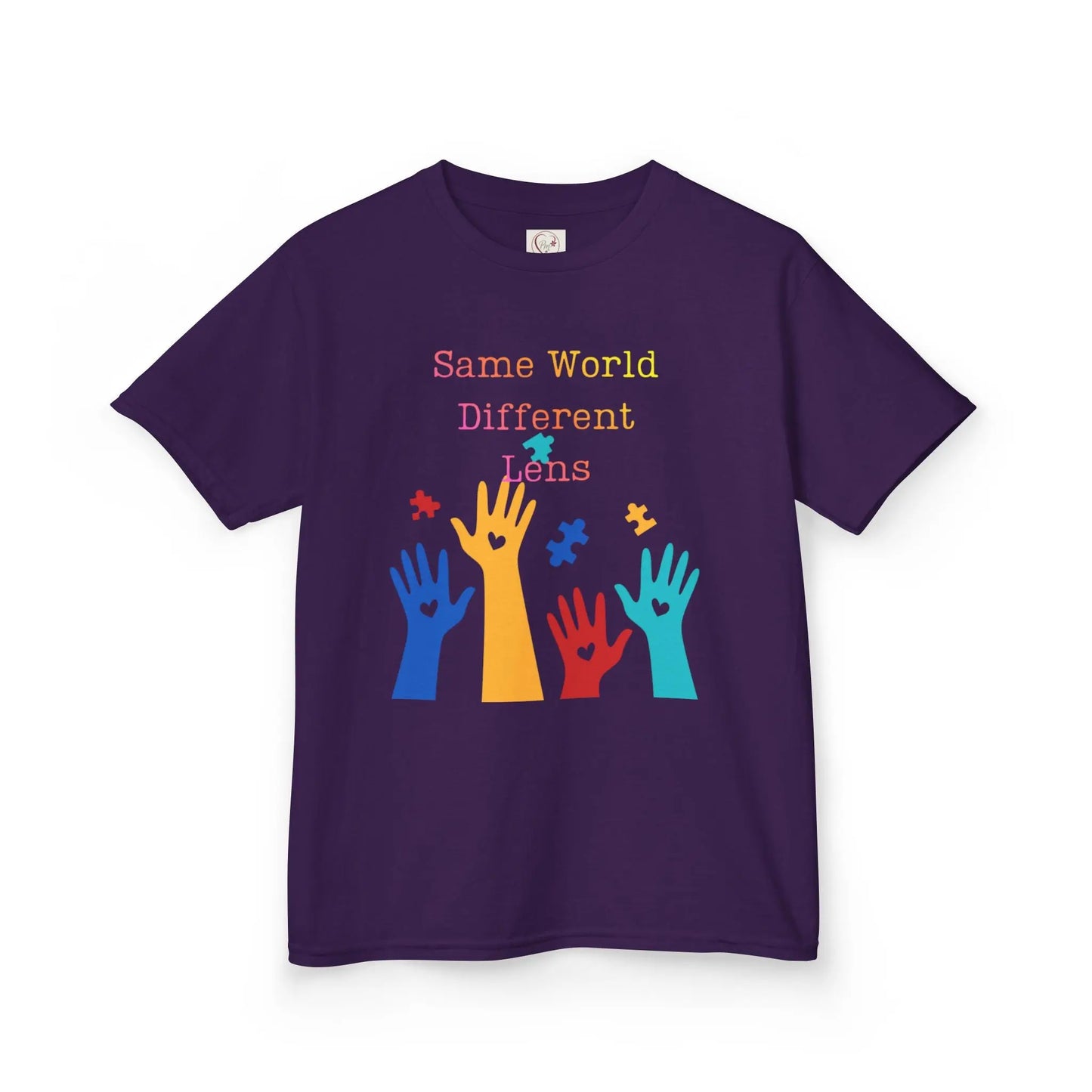 Purple kids tee with colorful raised hands and puzzle pieces reading Same World Different Minds, autism awareness shirt by PM Creations 25